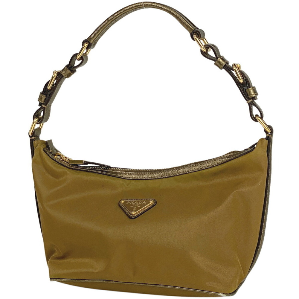 Prada Logo Plate Shoulder Bag Handbag Metallic Brown